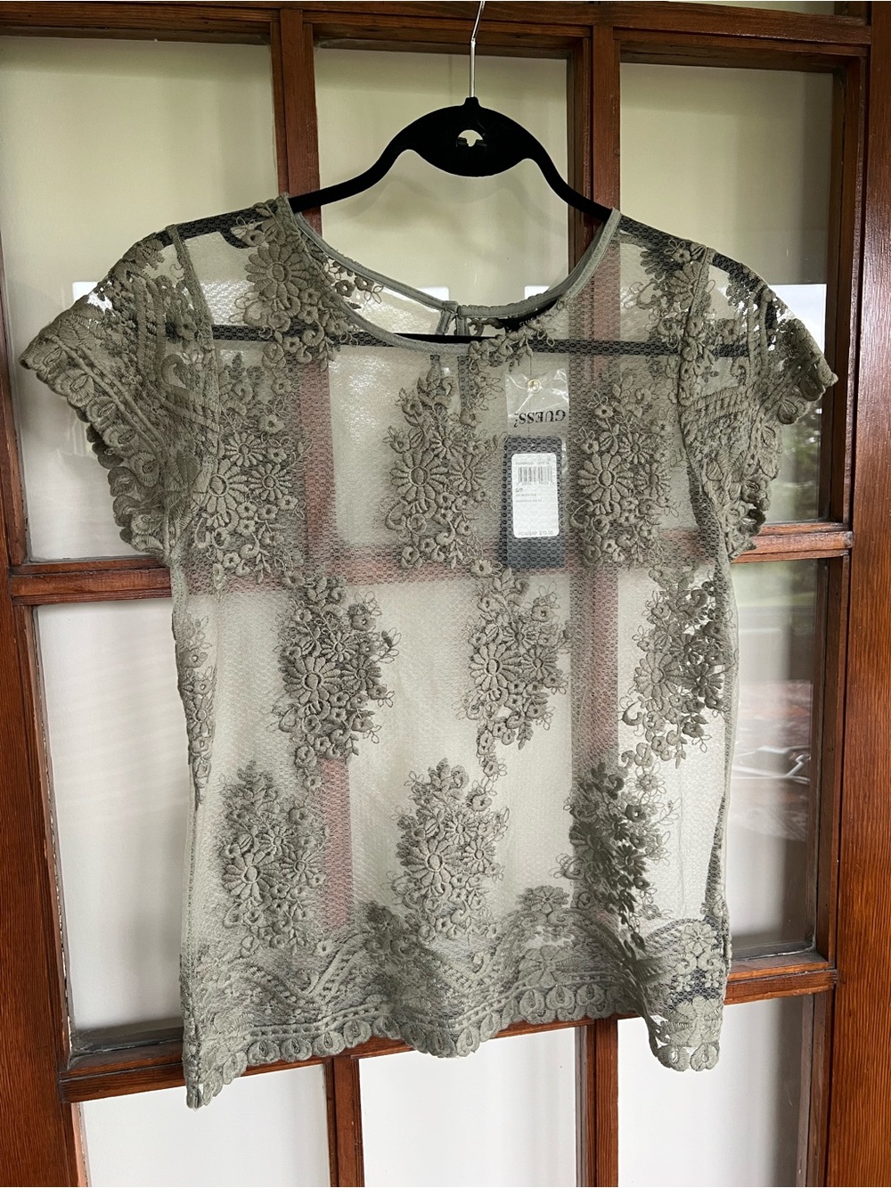 NWT GUESS Sage Green Sheer Lace Floral Overlay Top